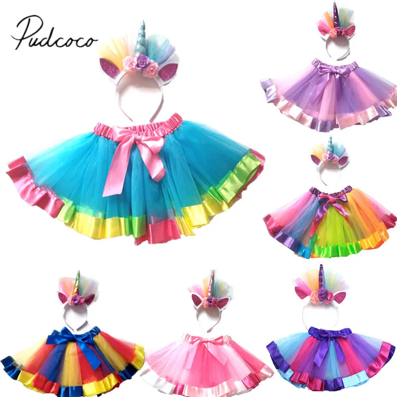 

2018 Brand New Kid Baby Girls Rainbow Tutu Skirt Unicorn Headband 2Pcs Photo Prop Costume Outfits Party Shows Perform Skirt 1-8T