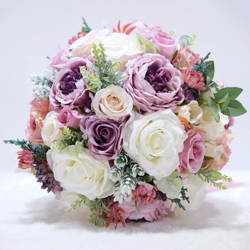 AYiCuthia Romantic Bridal Flowers Wedding Bouquet With Ribbon Artificial Pink Bridal Accessories Wedding Flowers S150