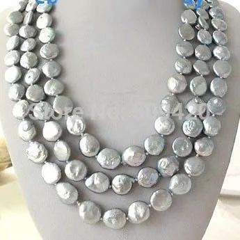 

~~ Free Shipping >> 3Strands Gray Rainbow Coin Freshwater Pearl Necklace 17-18-19