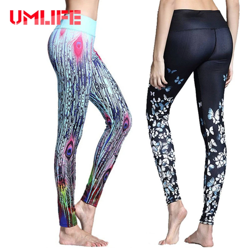 

UMLIFE Women Peacock Printed Yoga Pants Fitness Gym Elastic Stretch Running Tights Workout Dancing Sports Leggings Quick Dry