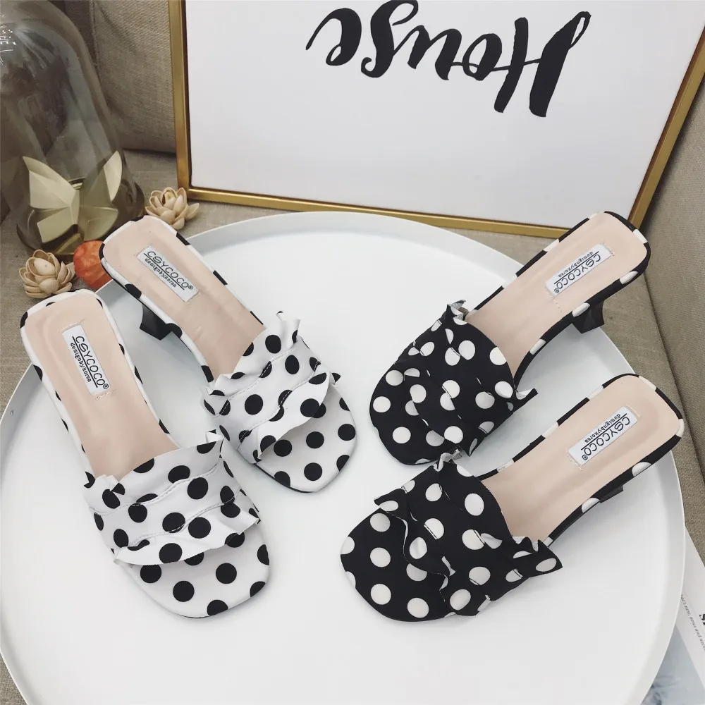 

Women Satin Ruffles Slides Polka Dot Cute Slippers Beach Summer Travel Shoes Slip Ons Mules 6cm Heel
