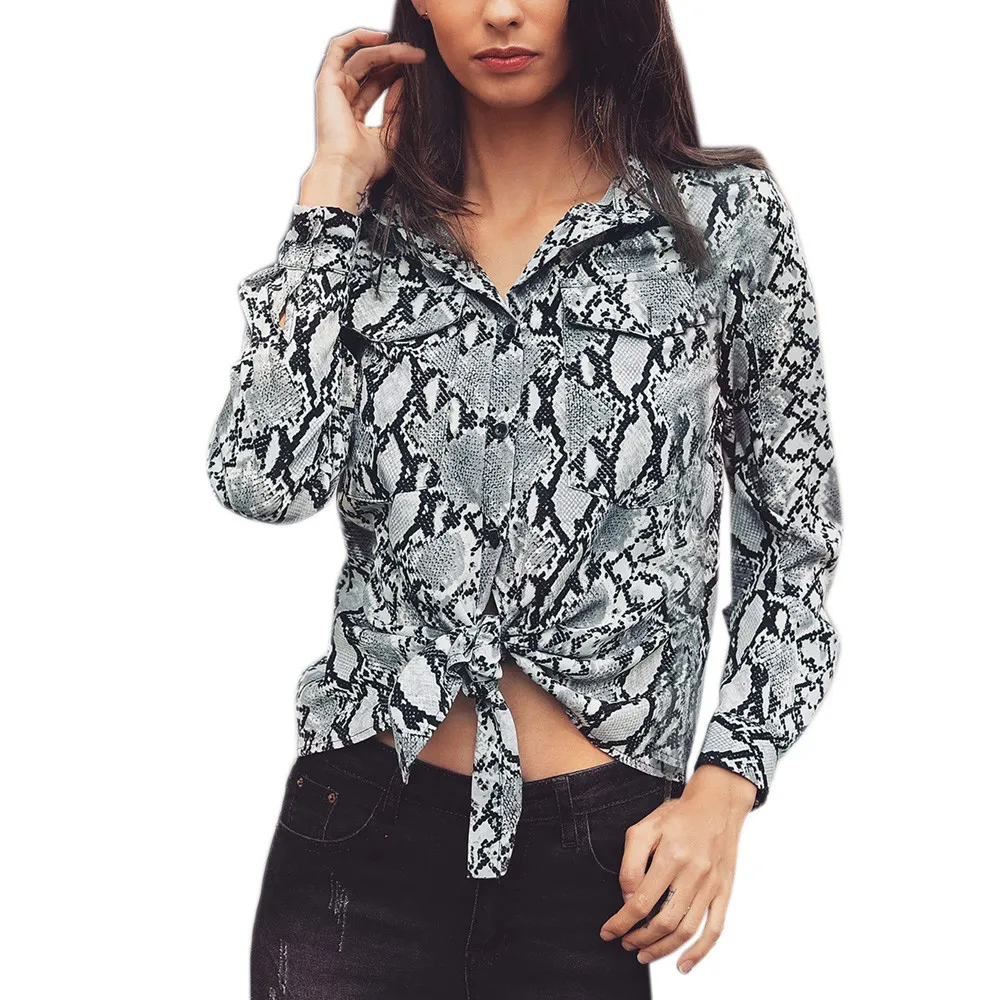 feitong High Quality T Shirt Women Long Sleeve Casual Snake Print Button Loose Shirt Tops Women's Clothing T-shirt Women Tshirt