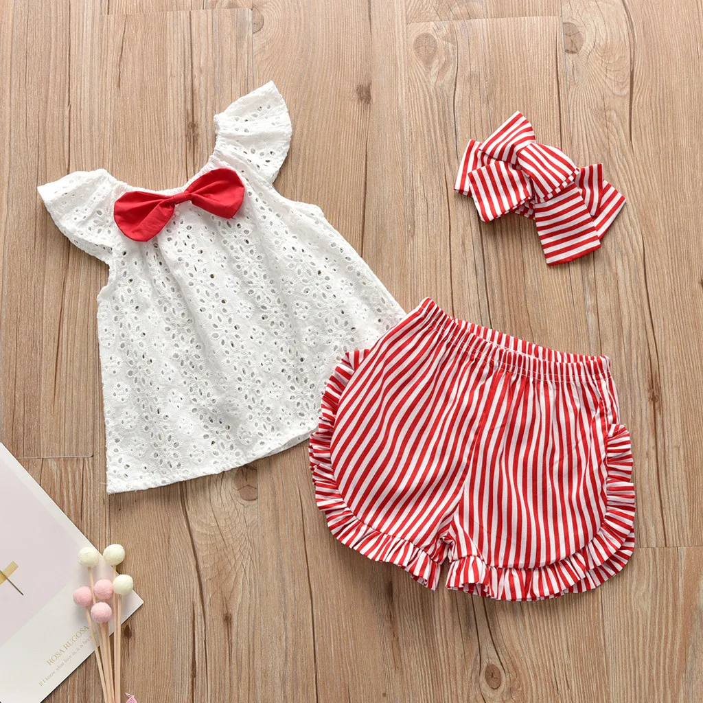 

clothing for newborn 3pcs summer 2019 Toddler baby layette Kids Girl Lace Bow Tie Solid Tops Stripe Ruched Shorts Hairband Set