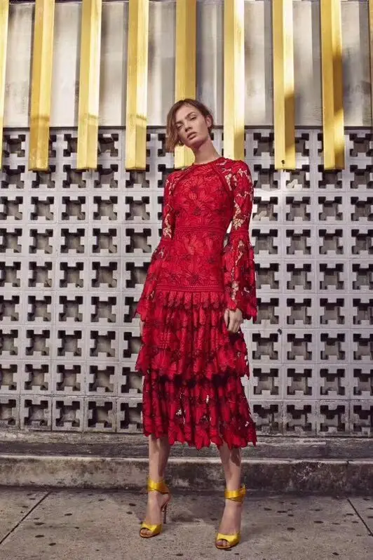 

Women Wine Red Dress Flare Sleeve Hollow Out Ruffled Lace Party Dress High Quality Elegant Flower Dress Vestidos