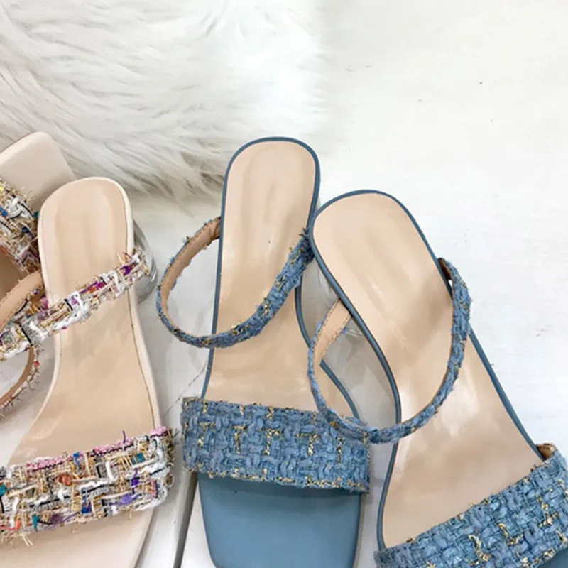 Boussac Mixed Colors Tweed Plaid High Heel Sandals Transparent PVC Women Open Toe Slipper Shoes SWC0634 | Обувь