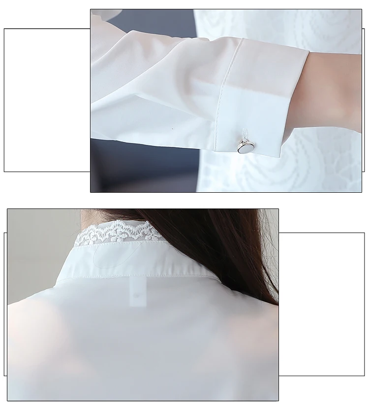 Модные женские блузки больших размеров, белая офисная блузка со стоячим воротником, Женская кружевная шифоновая блузка, рубашка с длинным рукавом, рубашки женские 2678 50