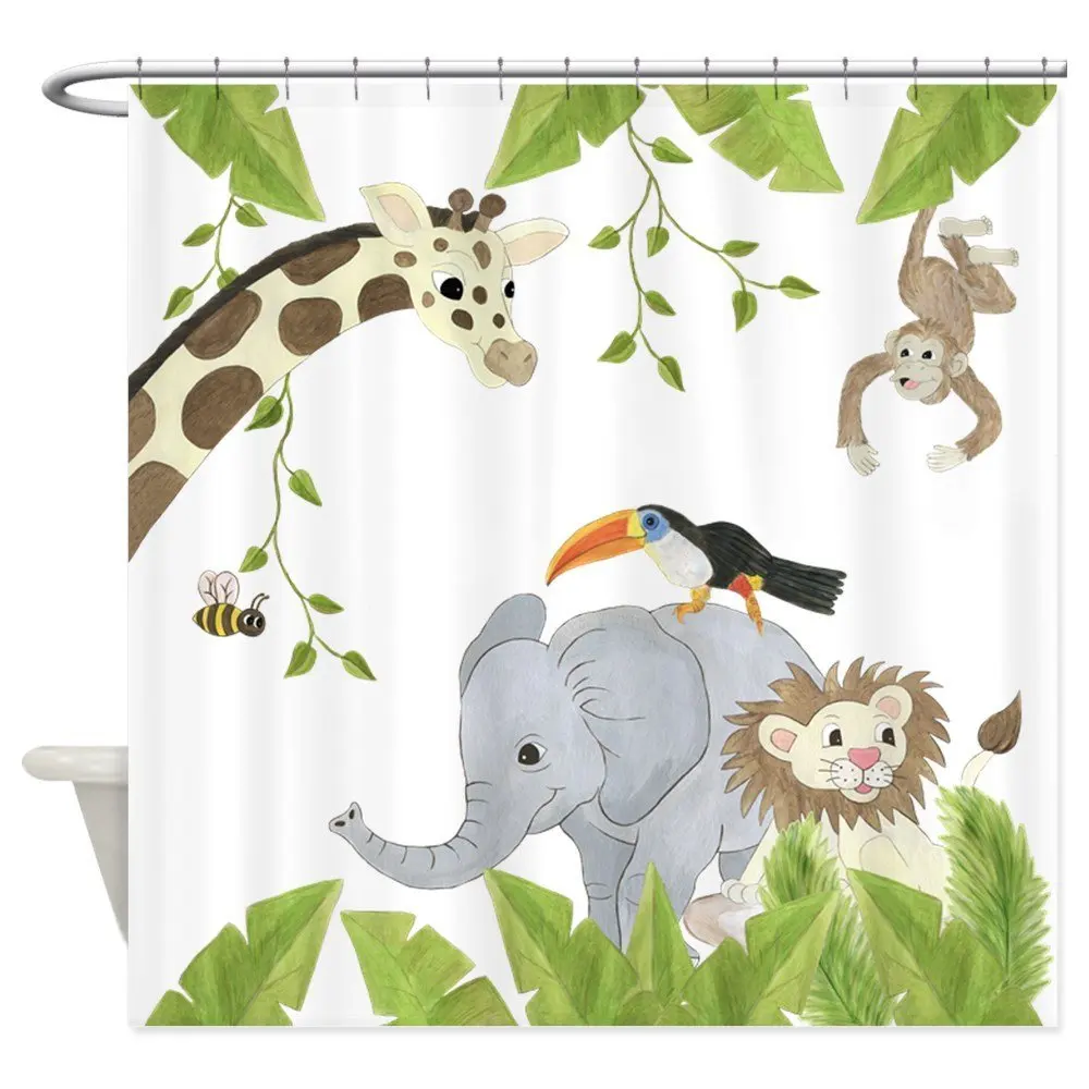 Jungle Animal Decorative Fabric Shower Curtain 12 Hooks Curtains Bath