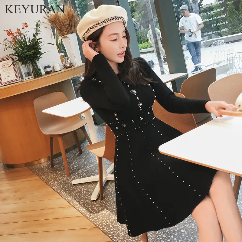 Luxury Goddess Spring Knitted Ball Gown Dress Fashion Women Red Beading Sweater Dress High Quality Elastic Dresses L2825