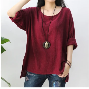 

Autumn T Shirt Loose Linen Long Sleeve Women Top Solid Color O Neck Women T Shirt Casual Women Top Free Shipping