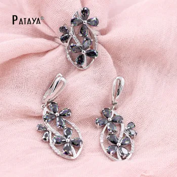 

PATAYA Women True White Gold Jewelry Set Colorful Flower Natural Zirconia Ring Earrings Wedding Accessories Cristal Fine Jewelry
