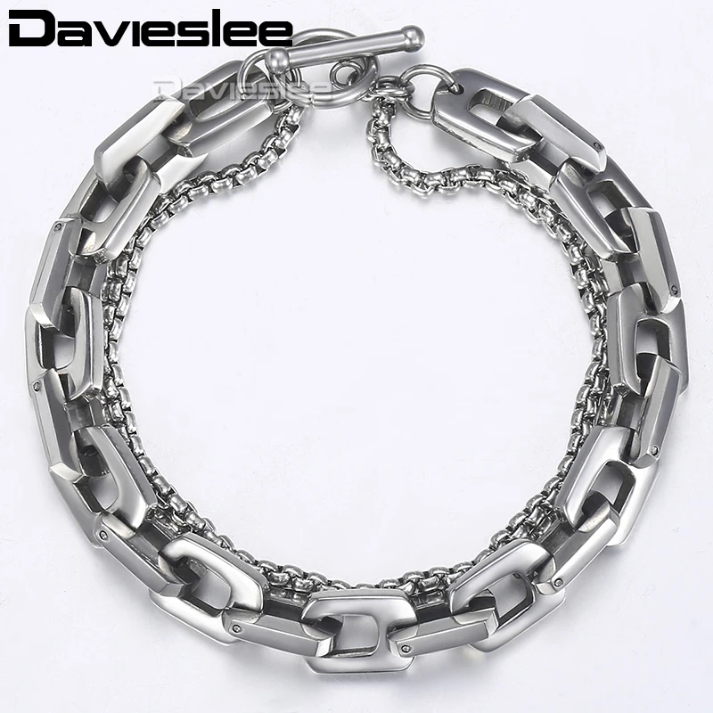 Davieslee Cable Double Chains Bracelets for Men Stainless Steel Silver