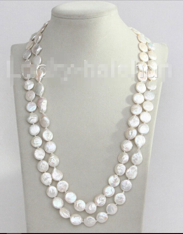

Free shipping@@@@@ Free shipping B8 length 48" 12mm coin fastener white freshwater pearls necklace j10386 a