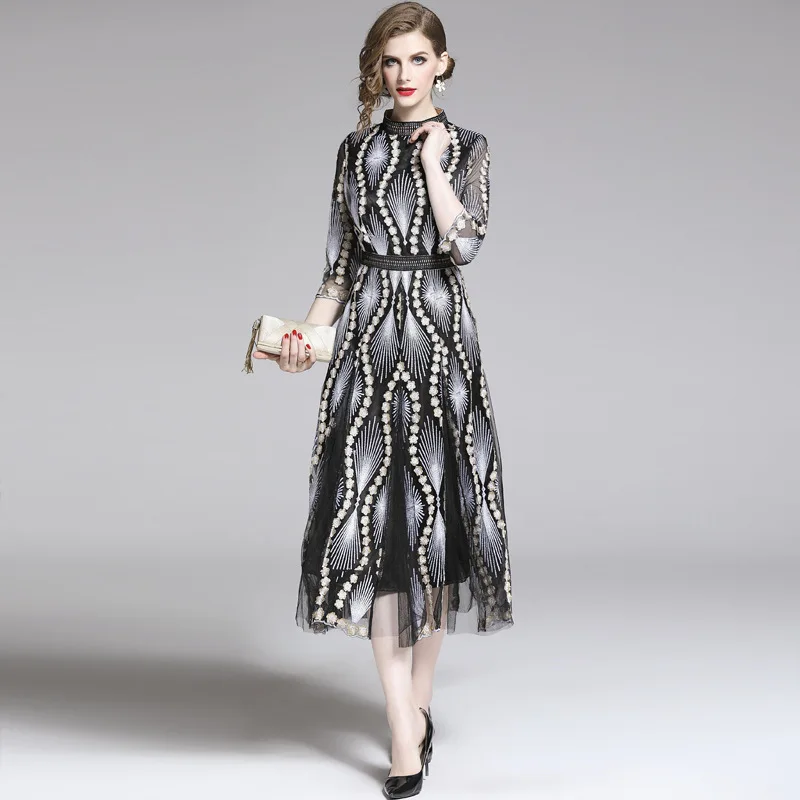 

New Women Spring Summer Mid Dress 2019 Mesh Hollow Out A-line Stand 3d Floral Dresses High Quality Vestidos de verano robe
