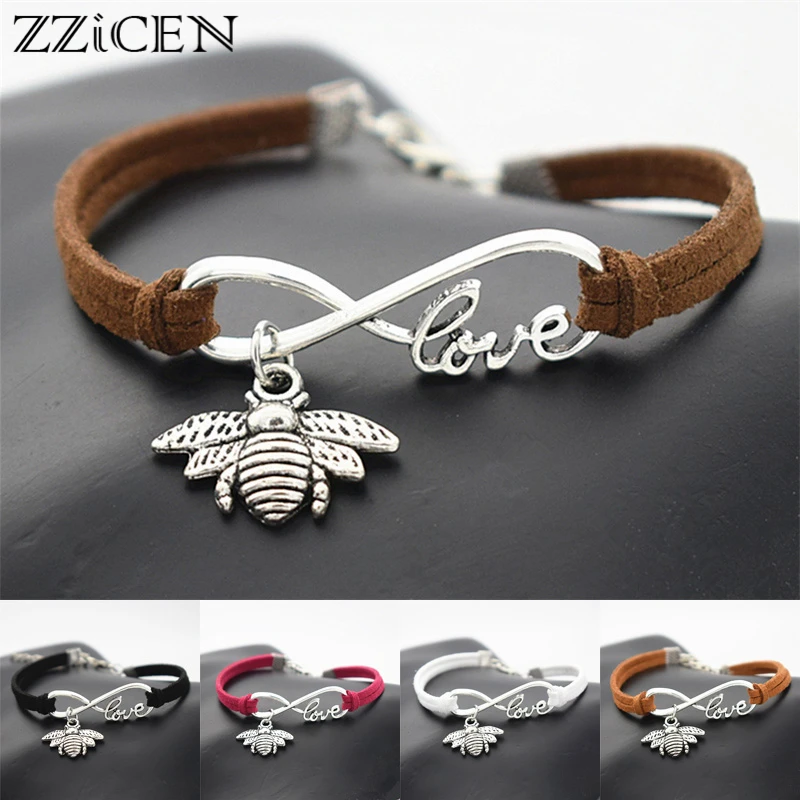 

Fashion Hard-working Symbol Industrious Lover Antique Silver Infinity Love Honeybee Cute Honey Bee Charm Gifts Leather Bracelets