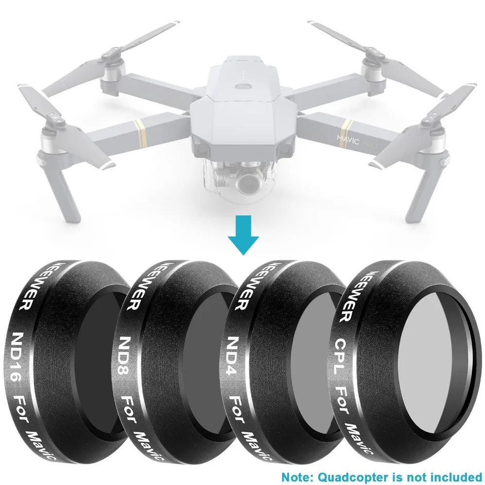 Набор фильтров Neewer 4 шт. для дрона квадрокоптера DJI Mavic Pro включает в себя: CPL + ND4 ND8