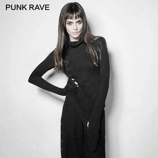 PUNK RAVE Gothic Personality Sharp Asymmetrical Hem Black Women T-shirt High Collar Long Sleeves Women Skinny Female Shirts Punk