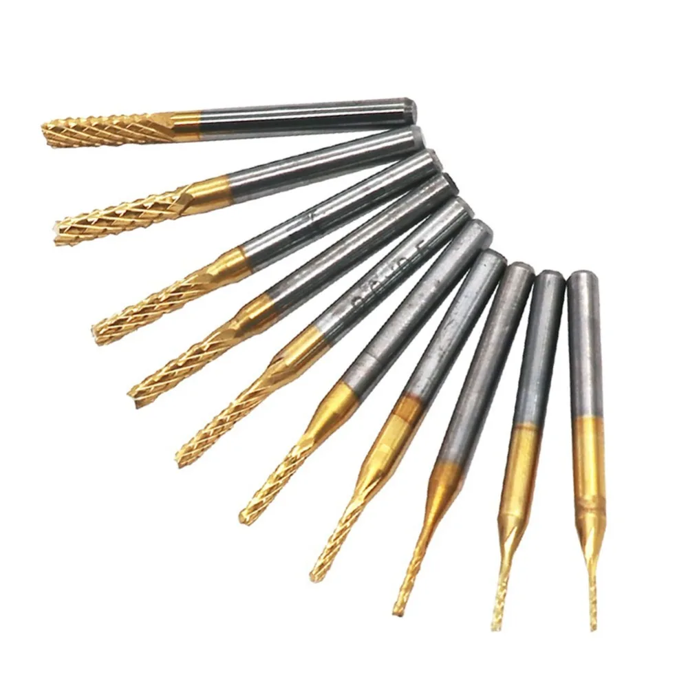 

10 in 1 PCB Drill Bit Set 1/8'' 0.8-3.175mm 0.6-1.5mm Engraving Cutter Rotary CNC Router End Mill for PCB Machine Power Tool Set