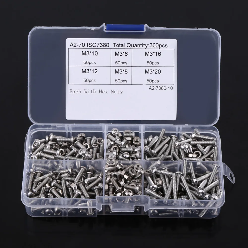 

300Pcs/set Button Head Hex Socket Screws Nuts Fastener M3 Stainless Steel Screws Nut & Bolts