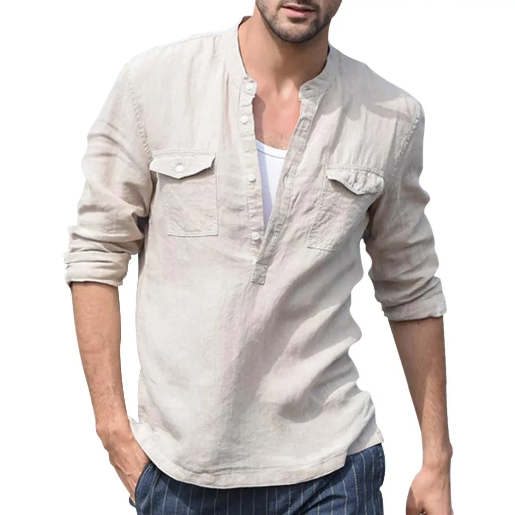 Страусиная Модная Повседневная рубашка, Мужская свободная хлопковая льняная рубашка с карманом, одноцветная рубашка с длинным рукавом, Повседневные Удобные мужские рубашки