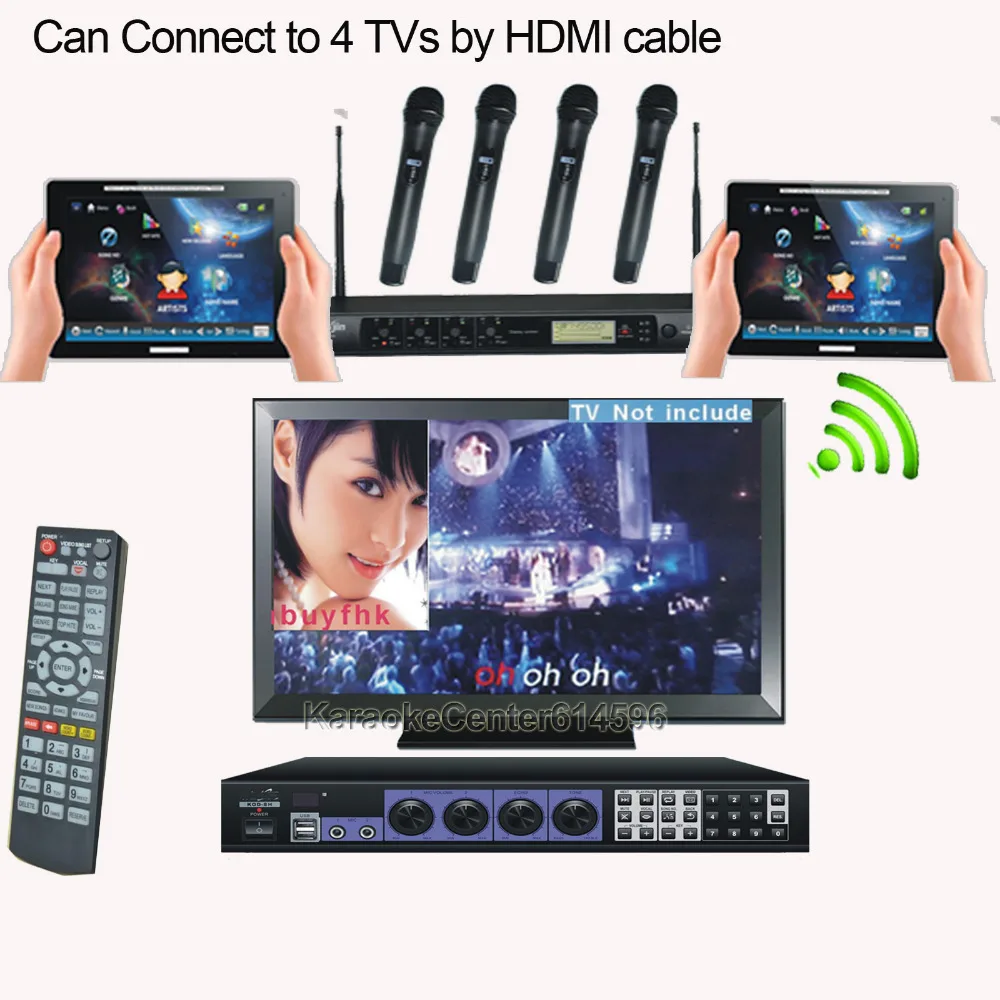 

Bar Karaoke System with songs Wireless Touch Screen/Tablet+ Professional 4 UHF wireless Microphones,HDMI connect to 4TVs