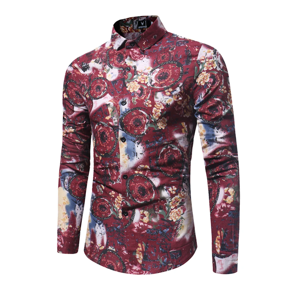 Buy Brand Fashion Mens Beach Floral Dress Shirt Casual Long Sleeve Shirts Red