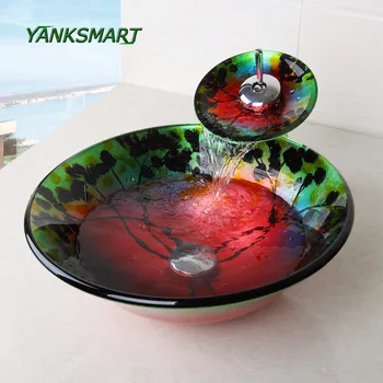 

YANKSMART jungle Bathroom Sink Tempered Glass Vessel round Sink With Waterfall Faucet Wash Basin Set
