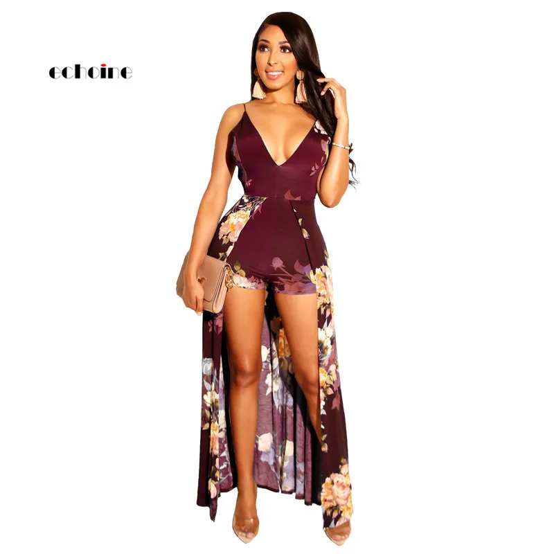 

Echoine Women Jumpsuit Sexy Spaghetti Straps Off Shoulder Floral Print Overskirt Design Backless Rompers Short Pants Playsuit