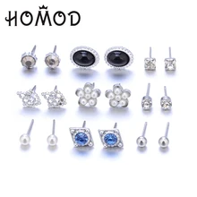 HOMOD Fashion 9 pair/set Trendy Style Women Round Crystal Stud Earrings for Women Piercing Simulated Pearl Flower Earring pair of trendy faux pearl plush stud earrings for women