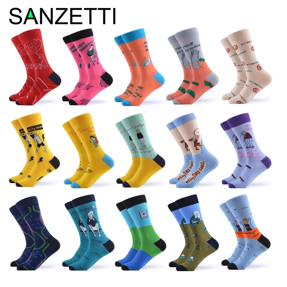 

SANZETTI 6 Pairs/Lot Men's Casual Combed Cotton Socks Colorful Funny Pattern Dress Comfortable Birthday Wedding Party Gift Socks