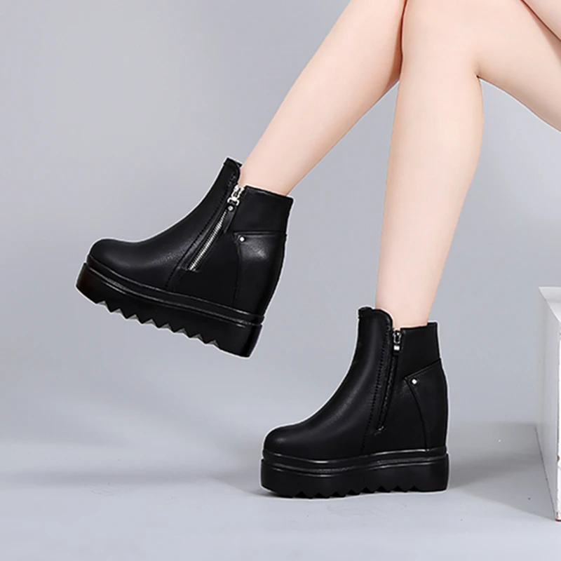 

SWYIVY Shoes Woman Winter Warm Snow Boots Platform Leather 2018 Female Casual Shoes High Top Zipper Lady Fur Wedge Snow Boots