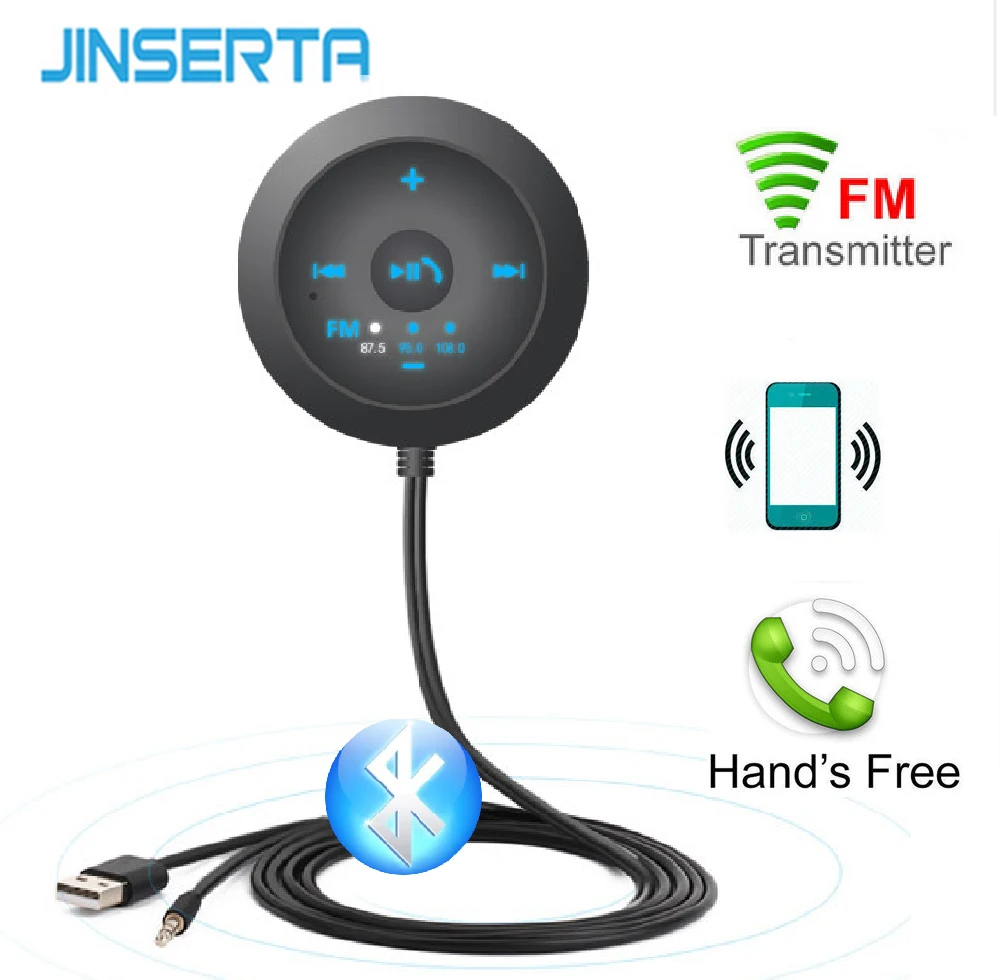 JINSERTA Car Bluetooth FM Transmitter AUX Automobile Hands-free Audio Receiver Car Kit A2DP Music Player