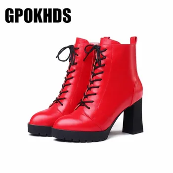 

GPOKHDS 2020 women ankle boots soft cow leather lace up winter short plush platform high heels female motorcycle boots party