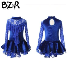 blue gauze long sleeve latin dance skirts christmas dancing wear girl lace latin skirt performing & competition latin dresses