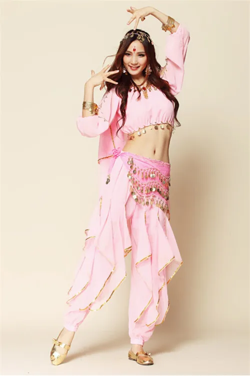 Новая стильная одежда для танца живота, костюм для танца живота, индийская танцевальная одежда, 4 шт. М/Л, длинный рукав, штаны, пояс и повязка на голову, 8 цветов - Цвет: Розовый