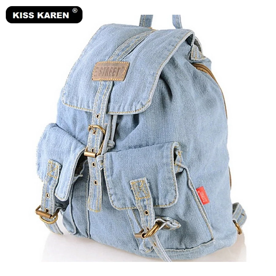 KISS KAREN Fashion Casual Daypacks Classic Denim Backpack for Teenager