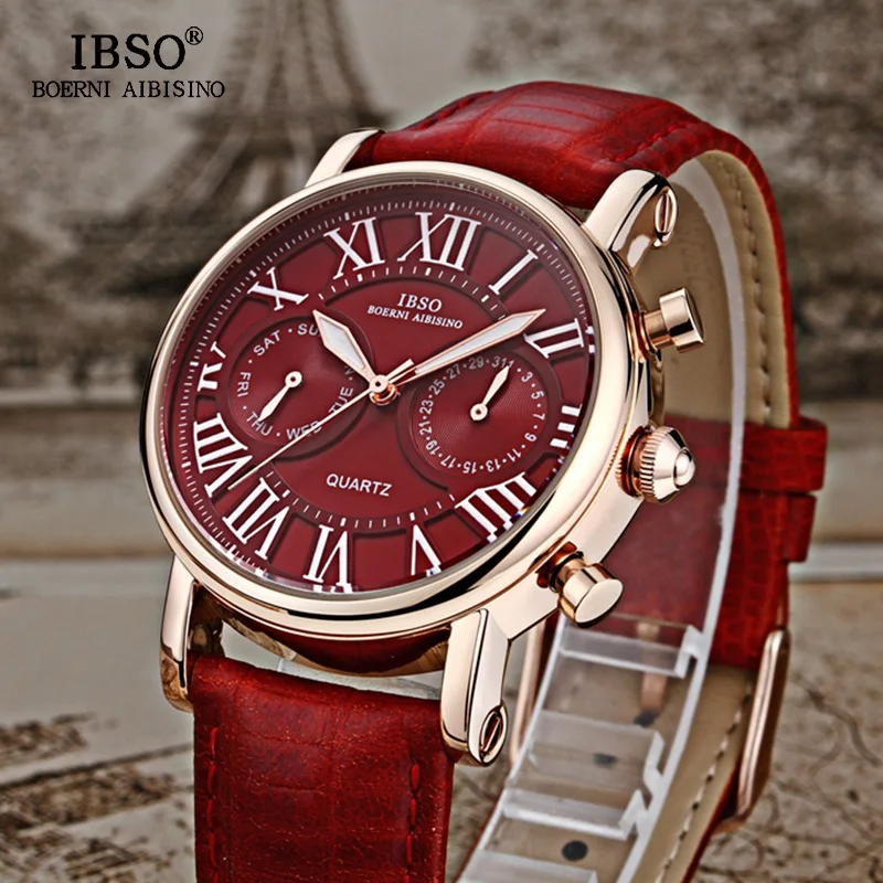 

IBSO Brand Quartz Women Watches 2018 Genuine Leather Strap Fashion Watch Women Calendar Multifunction Display Montre Femme