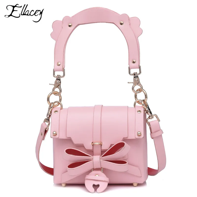 

Brand New 2019 Lolita Mini Pink Bow Flap Bags Women PU Leather Small Shoulder Bags Fresh Lady Crossbody Small Messenger Bag