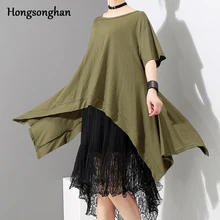 Hongsonghan с коротким рукавом и круглым вырезом, однотонная Базовая футболка Vadim, свободные летние футболки с большим подолом, укороченные шорты для женщин