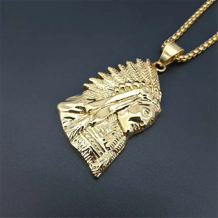 

Stainless Steel Gold Color Native American Indian Chief Pendant Necklace Box Chain Hip Hop American Rebel Jewelry