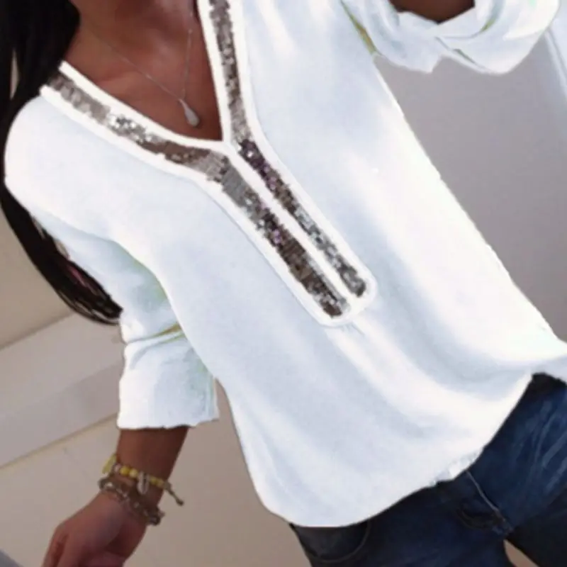 

Women Deep V-Neck Glitter Sequins Shirt Long Sleeve Blouse Pullover Chiffon Tops