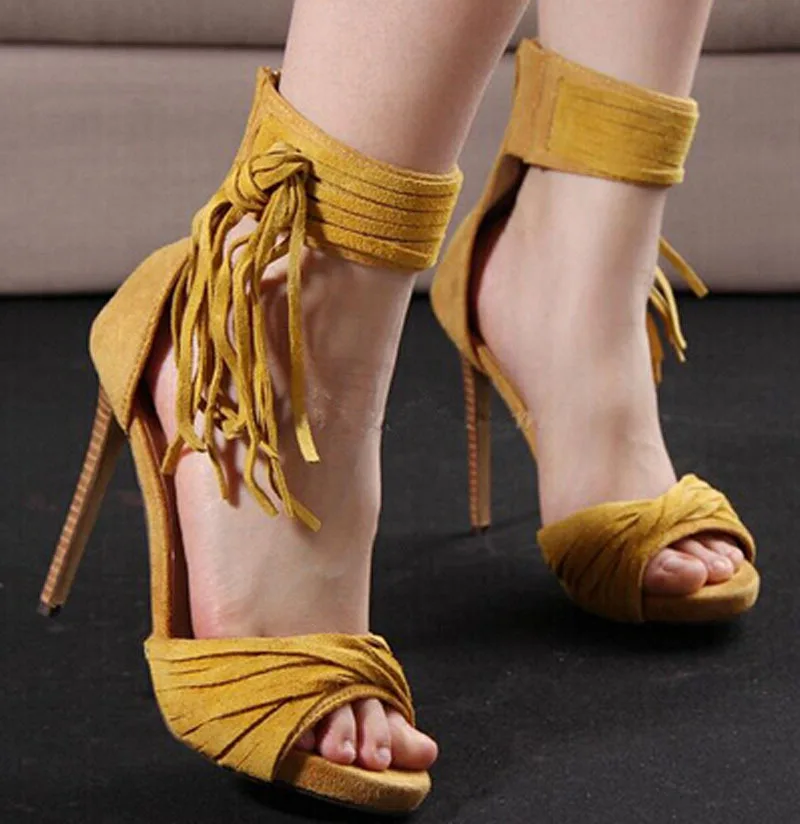 new fashion suede leather open toe ankle tassels gladiator sandal shoes