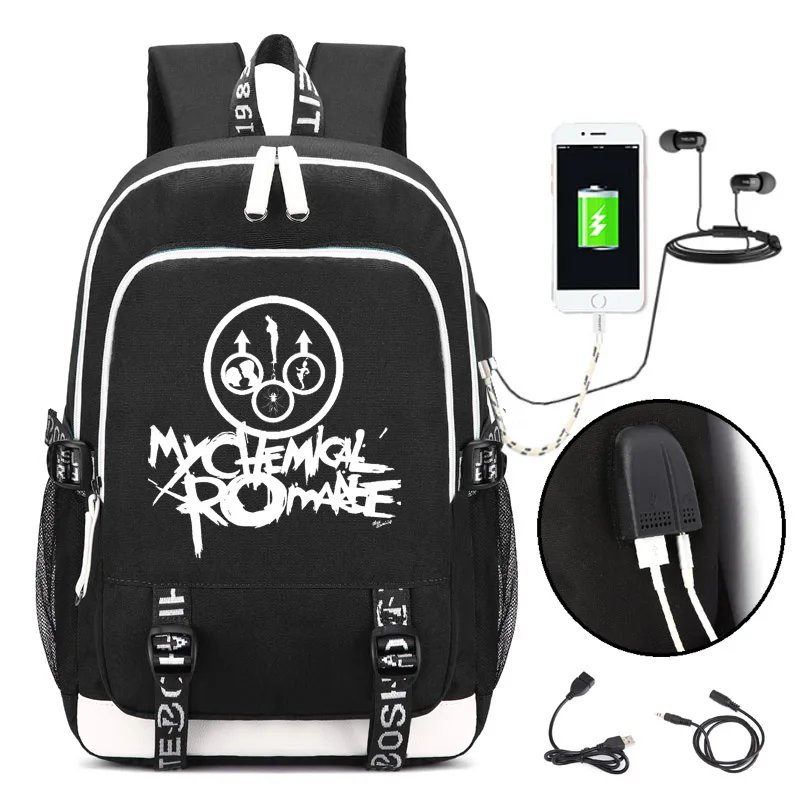 

My Chemical Romance Punk band Backpack with USB Charging Port and Lock &Headphone interface for College Student Work Men & Women
