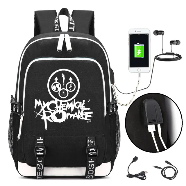 My Chemical Romance Punk band Backpack with USB Charging Port and Lock &Headphone interface for