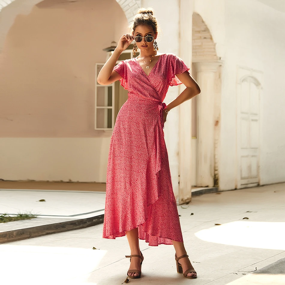 

Broken Flower V neck Butterfly Short Sleeve Wrap Long Maxi Dress Rufflre Hem A line Vintage Dresses Bifurcated Lace up Vestidos