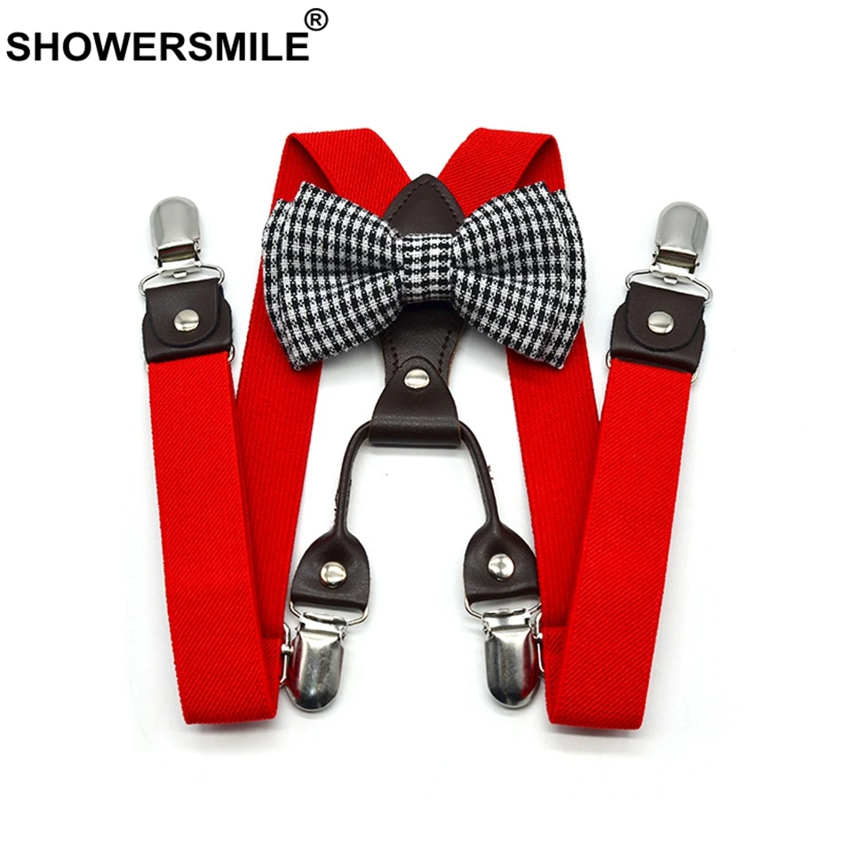 

SHOWERSMILE Braces For Children Bowties Suspenders Set Unisex Kid Solid Red Boy Pants Strap 4 Clips Y Back Girls Suspenders 65cm