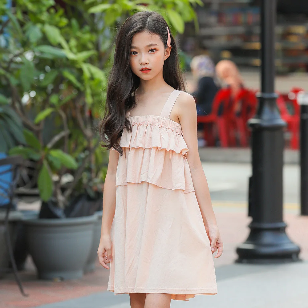 

Summer Girls One-shoulder Sleeveless Beige Princess Dresses Korean Style Cotton Summer Dress