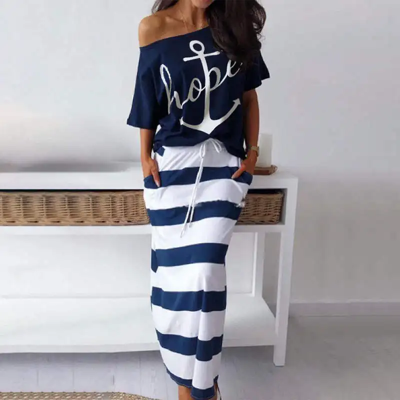 

Women Two Piece Sets Hope Boat Anchor Print Short Sleeve Off Shoulder Top T-shirt & Striped Ankle-length Skirt Casual Loose Set