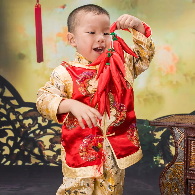 Детский костюм с длинными рукавами; куртка в китайском стиле; традиционная одежда с вышивкой дракона; Новогодняя одежда для мальчиков; комплект одежды Tang