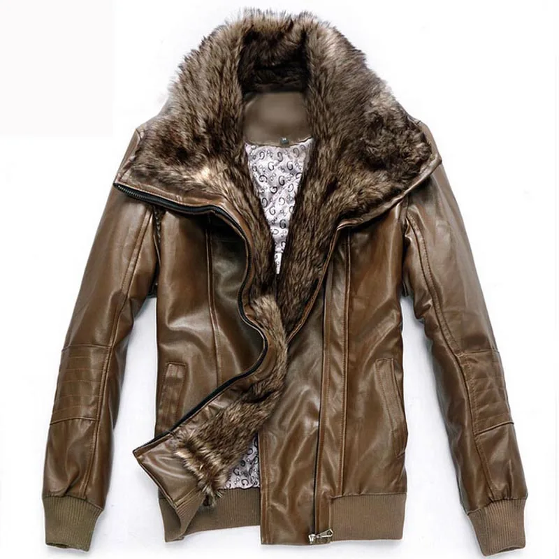 Leather Jacket Men Fur warm Motorcycle leather Jackets Men