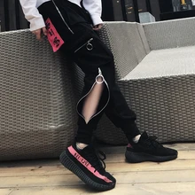 4 кармана для мужчин Wo для мужчин s Cargo красная лента брюки для девочек эластичный пояс на молнии свободные брюки Мужской джоггеры пары повседневные шаровары пот брюки